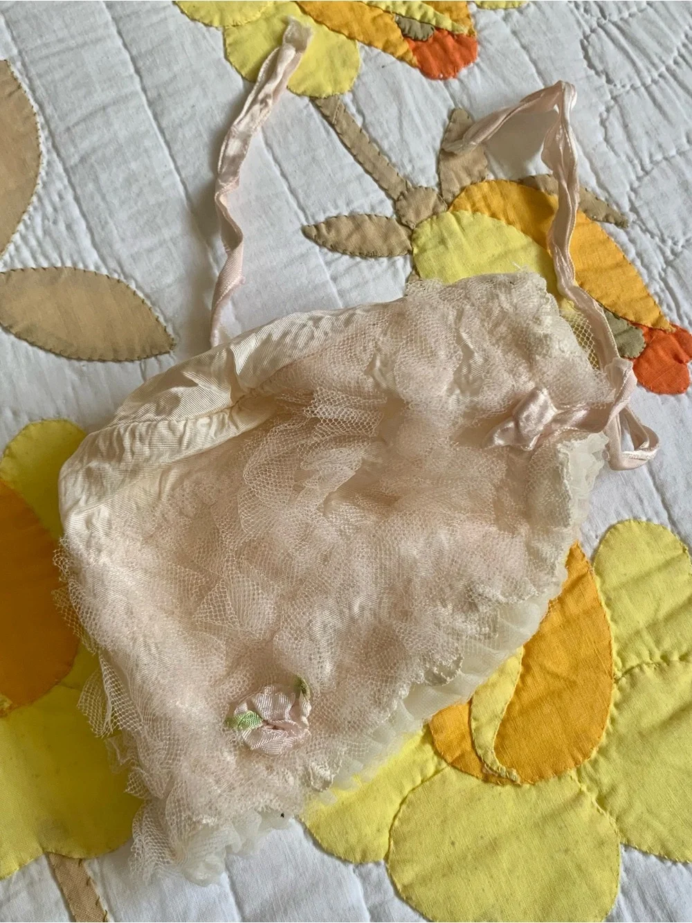 Antique 20s-40s baby infant pink tulle ribbon rosette cotton ruffle bonnet